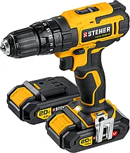 Ударная дрель-шуруповерт STEHER 20В, 2 АКБ (2Ач), в кейсе.