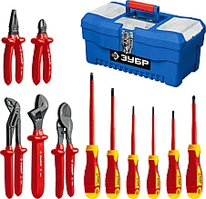 Набор: Губцевый инструмент, диэлектрический, высоковольтный до ~1000В, маслобензостойкая рукоятка, 12предм.