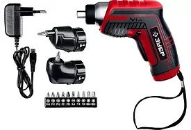 Отвертка аккумуляторная 3.6 В, в коробке с 10 битами, угловой и эксцентриковой насадками ЗУБР ViX