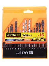 Набор STAYER "STANDARD": Сверла комбинированные, дерево (4-5-6-8-10мм), металл (2-3-4-6-8мм), бетон (4-5-6-8-10мм), 16 предметов