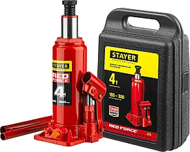 Домкрат гидравлический бутылочный "RED FORCE", 4т, 195-380 мм, в кейсе, STAYER 43160-4-K