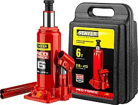 Домкрат гидравлический бутылочный "RED FORCE", 6т, 216-413 мм, в кейсе, STAYER 43160-6-K
